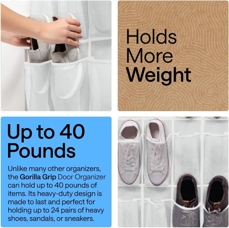 image:imageGORILLA GRIP Over the Door Shoe Organizer 24 Large Breathable Mesh Pockets Space Saving Hanging Storage Holder Closet Rack Hanger Holds Up to 40 lbs Hangs on Closets for Shoes Accessories BlackWhite