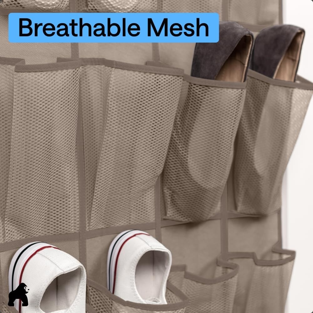 image:imageGORILLA GRIP Over the Door Shoe Organizer 24 Large Breathable Mesh Pockets Space Saving Hanging Storage Holder Closet Rack Hanger Holds Up to 40 lbs Hangs on Closets for Shoes Accessories BlackBeige