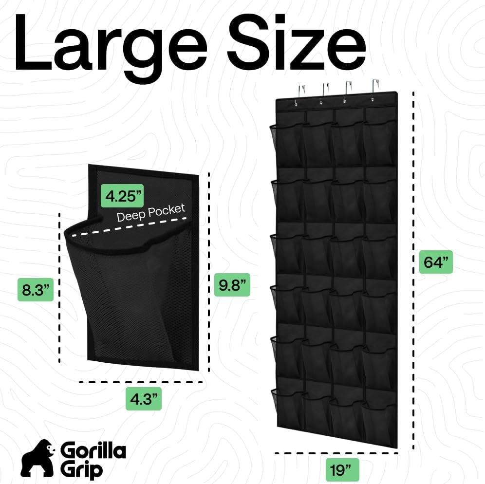image:imageGORILLA GRIP Over the Door Shoe Organizer 24 Large Breathable Mesh Pockets Space Saving Hanging Storage Holder Closet Rack Hanger Holds Up to 40 lbs Hangs on Closets for Shoes Accessories BlackBlack