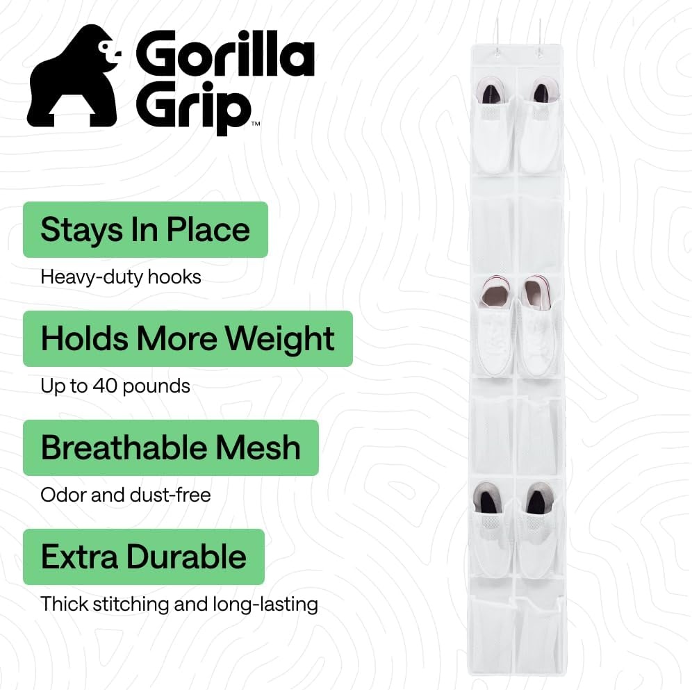 image:imageGORILLA GRIP Over the Door Shoe Organizer 24 Large Breathable Mesh Pockets Space Saving Hanging Storage Holder Closet Rack Hanger Holds Up to 40 lbs Hangs on Closets for Shoes Accessories BlackWhite
