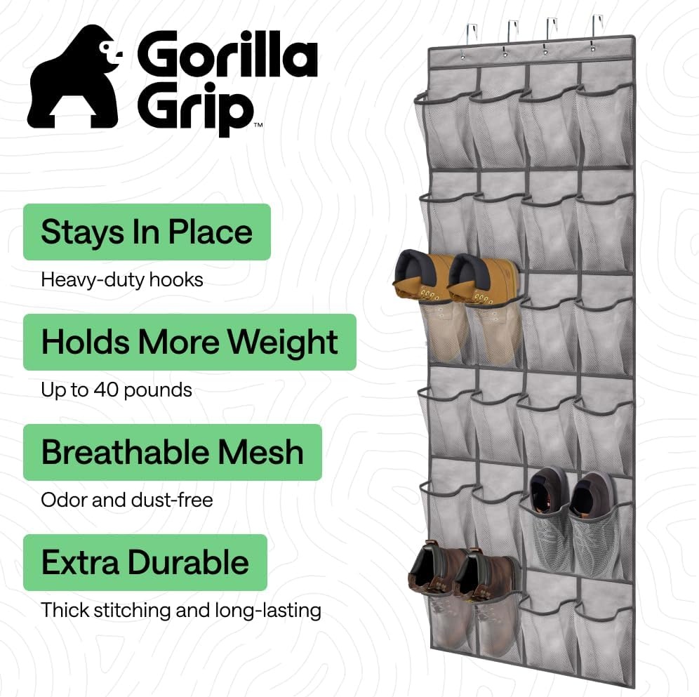 image:imageGORILLA GRIP Over the Door Shoe Organizer 24 Large Breathable Mesh Pockets Space Saving Hanging Storage Holder Closet Rack Hanger Holds Up to 40 lbs Hangs on Closets for Shoes Accessories BlackGrey