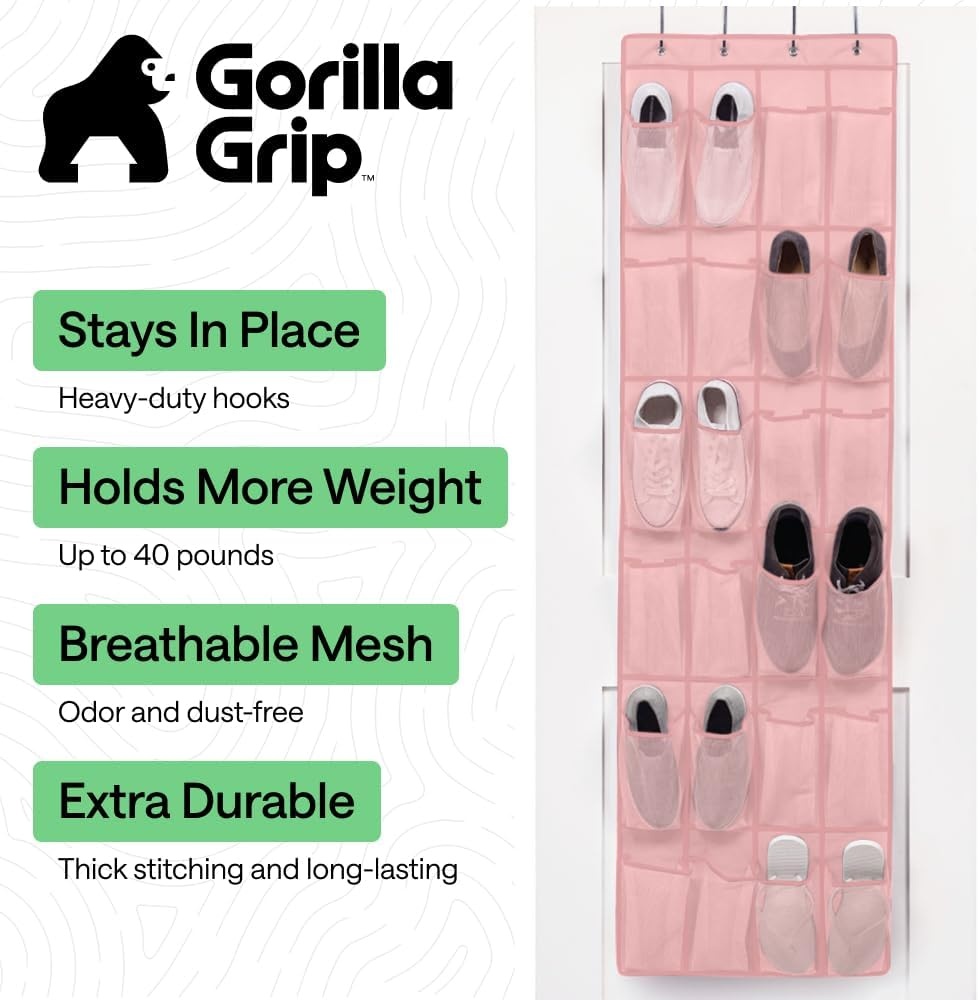 image:imageGORILLA GRIP Over the Door Shoe Organizer 24 Large Breathable Mesh Pockets Space Saving Hanging Storage Holder Closet Rack Hanger Holds Up to 40 lbs Hangs on Closets for Shoes Accessories BlackLight Pink