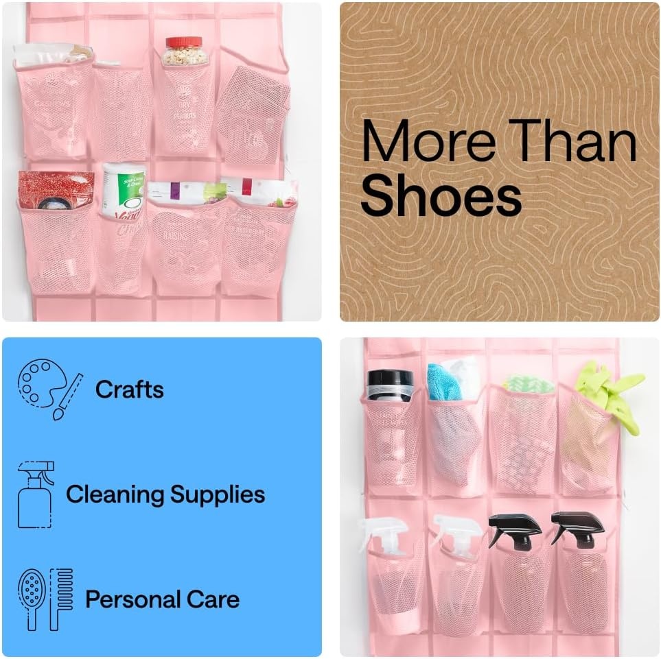 image:imageGORILLA GRIP Over the Door Shoe Organizer 24 Large Breathable Mesh Pockets Space Saving Hanging Storage Holder Closet Rack Hanger Holds Up to 40 lbs Hangs on Closets for Shoes Accessories BlackLight Pink