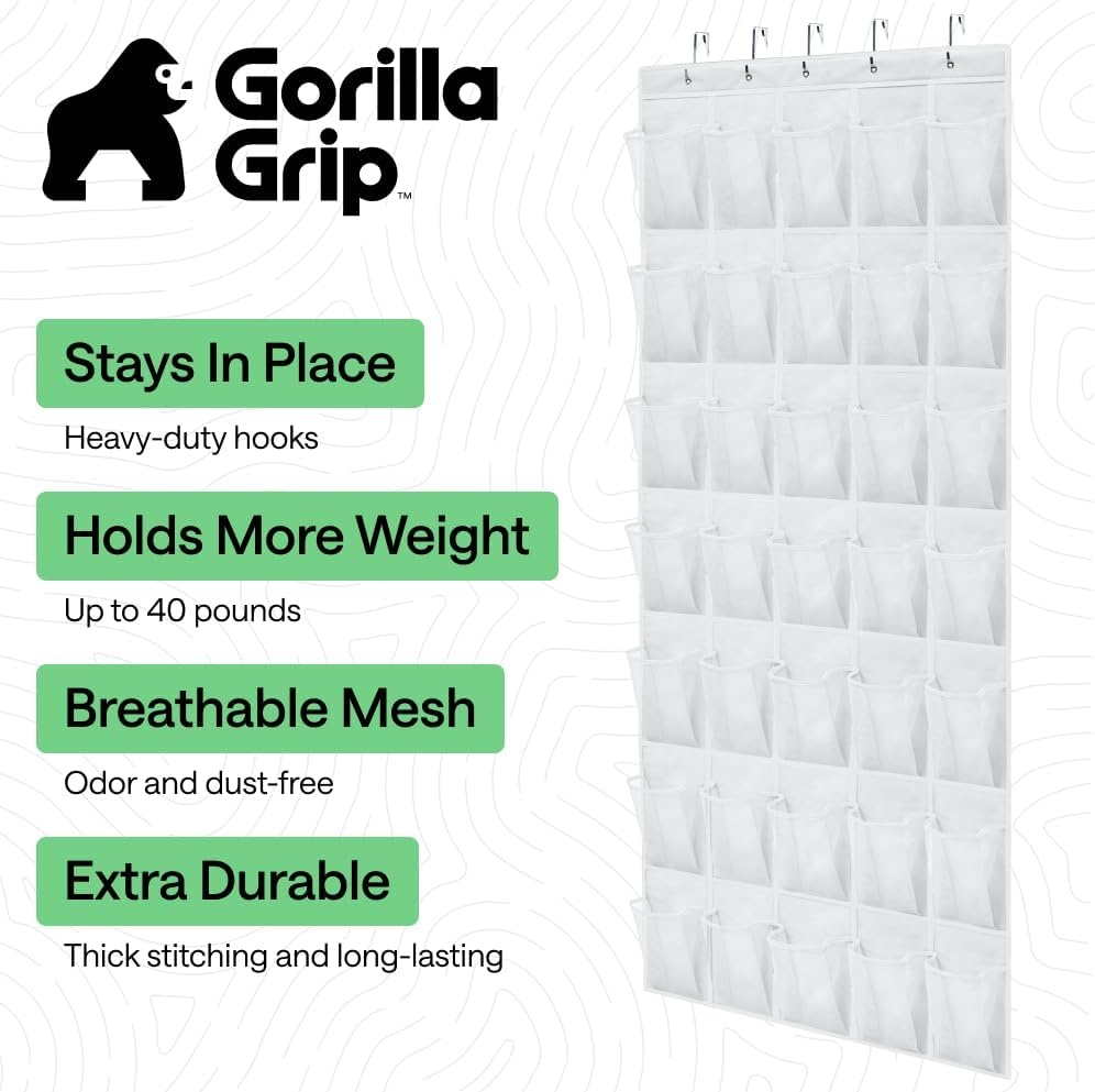 image:imageGORILLA GRIP Over the Door Shoe Organizer 24 Large Breathable Mesh Pockets Space Saving Hanging Storage Holder Closet Rack Hanger Holds Up to 40 lbs Hangs on Closets for Shoes Accessories BlackWhite