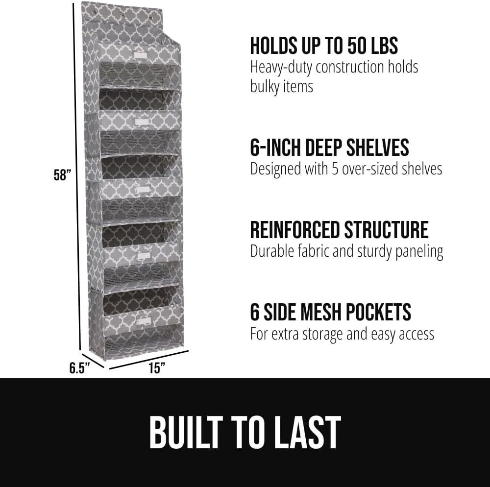 image:imageGORILLA GRIP Over the Door Shoe Organizer 24 Large Breathable Mesh Pockets Space Saving Hanging Storage Holder Closet Rack Hanger Holds Up to 40 lbs Hangs on Closets for Shoes Accessories BlackGray Quatrefoil