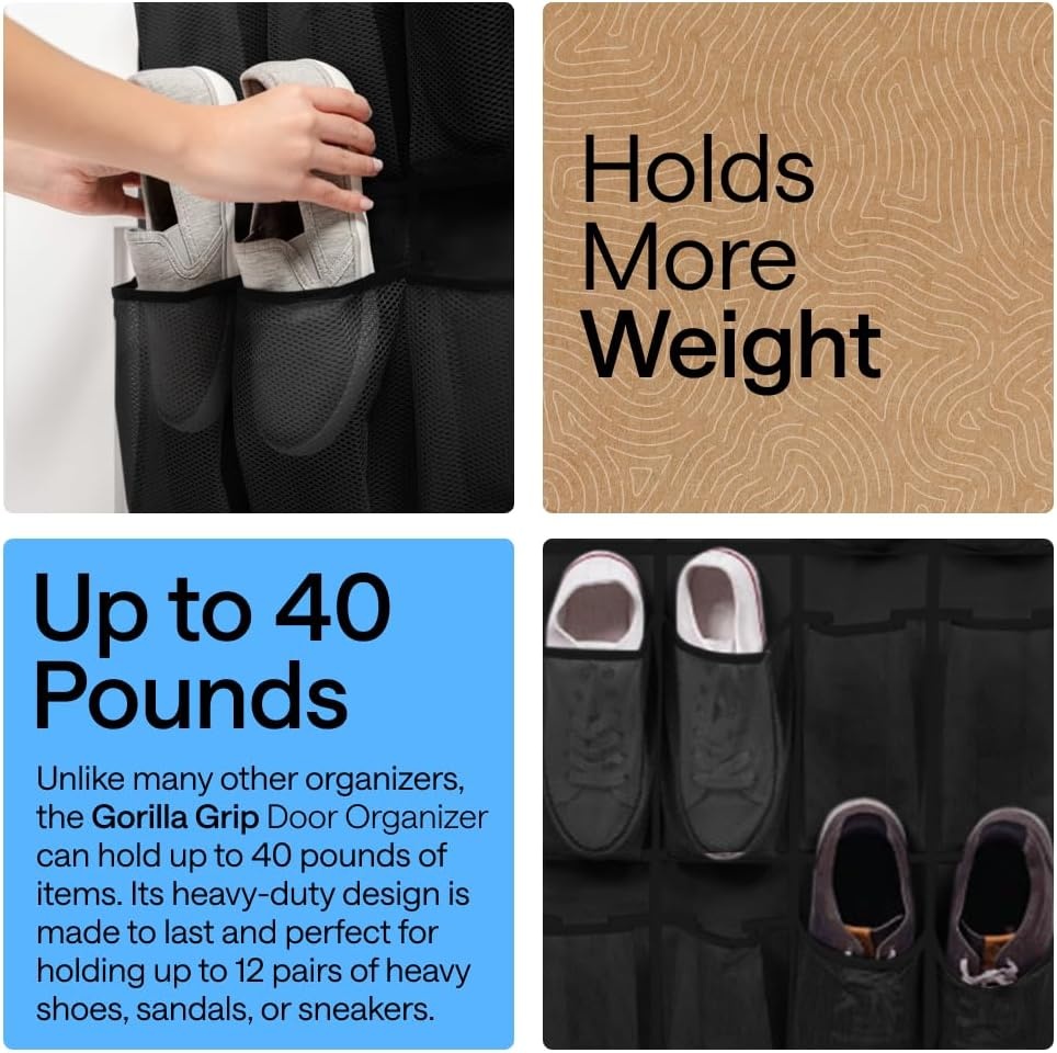 image:imageGORILLA GRIP Over the Door Shoe Organizer 24 Large Breathable Mesh Pockets Space Saving Hanging Storage Holder Closet Rack Hanger Holds Up to 40 lbs Hangs on Closets for Shoes Accessories BlackBlack