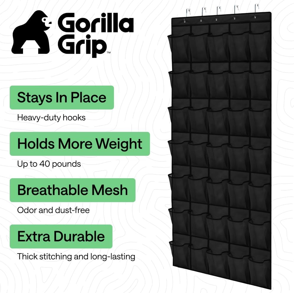 image:imageGORILLA GRIP Over the Door Shoe Organizer 24 Large Breathable Mesh Pockets Space Saving Hanging Storage Holder Closet Rack Hanger Holds Up to 40 lbs Hangs on Closets for Shoes Accessories BlackBlack