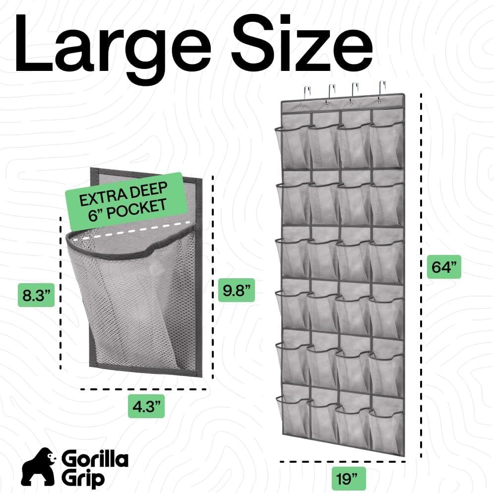 image:imageGORILLA GRIP Over the Door Shoe Organizer 24 Large Breathable Mesh Pockets Space Saving Hanging Storage Holder Closet Rack Hanger Holds Up to 40 lbs Hangs on Closets for Shoes Accessories BlackGrey