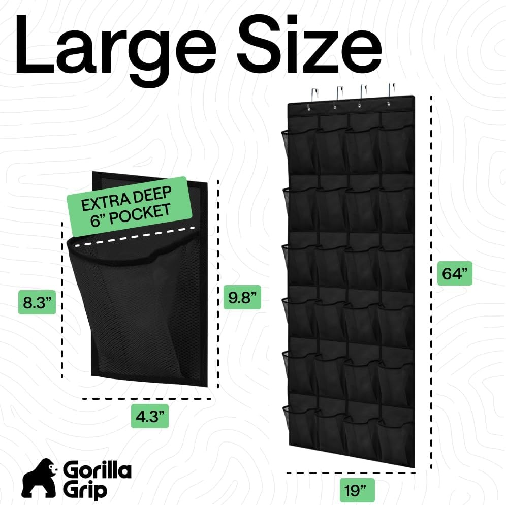 image:imageGORILLA GRIP Over the Door Shoe Organizer 24 Large Breathable Mesh Pockets Space Saving Hanging Storage Holder Closet Rack Hanger Holds Up to 40 lbs Hangs on Closets for Shoes Accessories BlackBlack