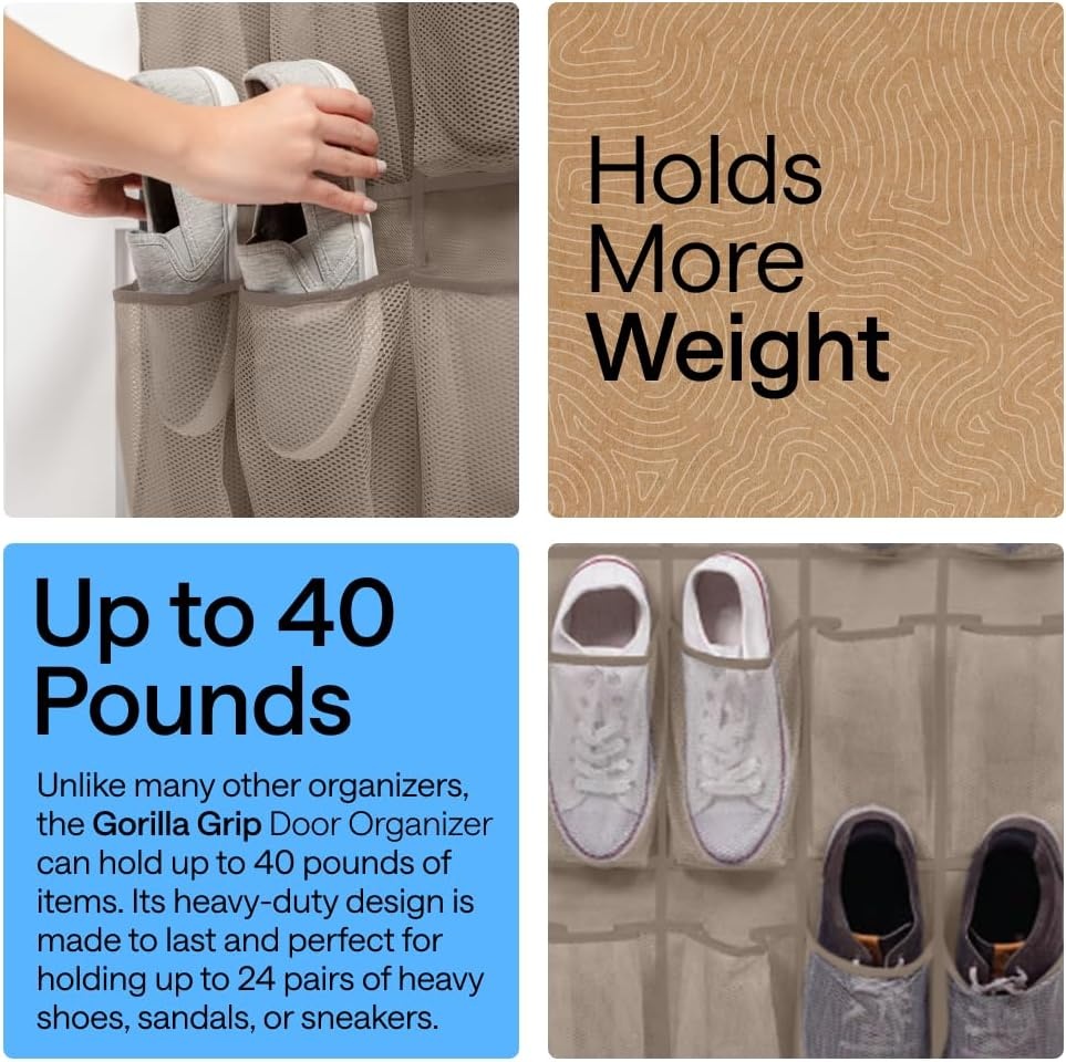 image:imageGORILLA GRIP Over the Door Shoe Organizer 24 Large Breathable Mesh Pockets Space Saving Hanging Storage Holder Closet Rack Hanger Holds Up to 40 lbs Hangs on Closets for Shoes Accessories BlackBeige