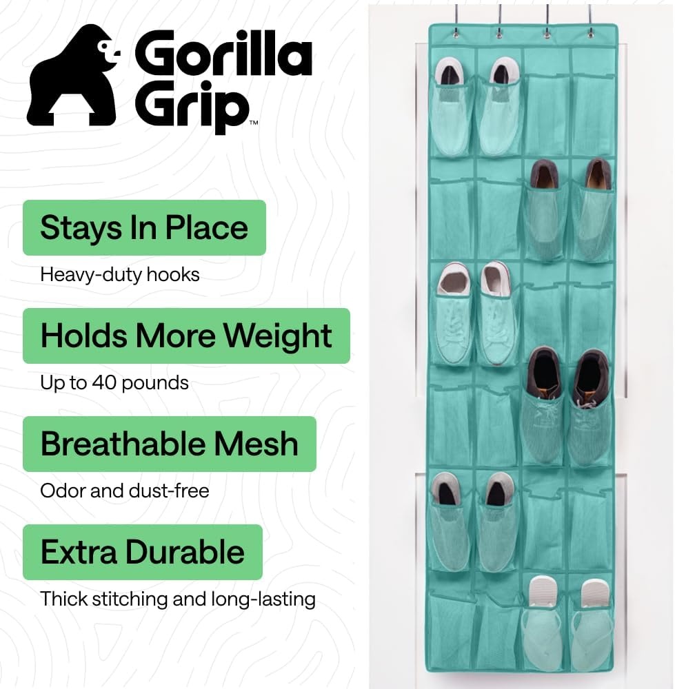 image:imageGORILLA GRIP Over the Door Shoe Organizer 24 Large Breathable Mesh Pockets Space Saving Hanging Storage Holder Closet Rack Hanger Holds Up to 40 lbs Hangs on Closets for Shoes Accessories BlackTurquoise