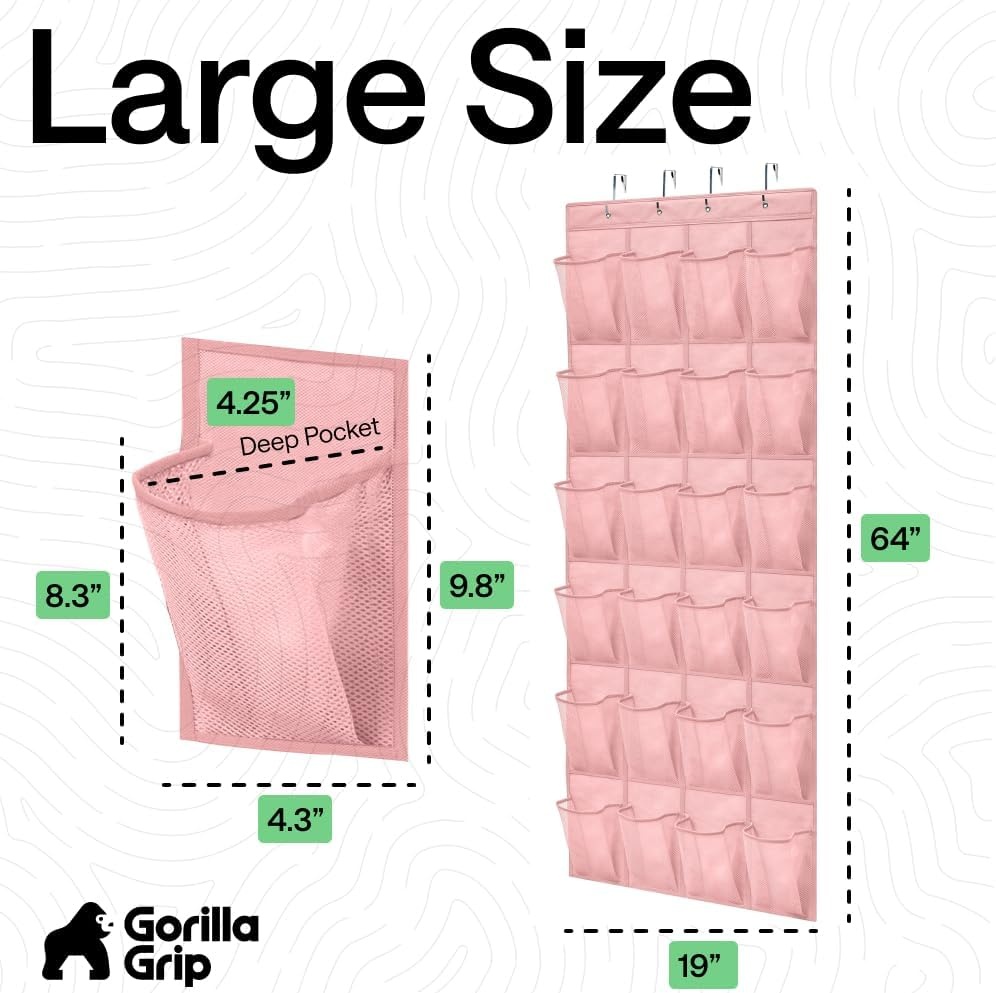 image:imageGORILLA GRIP Over the Door Shoe Organizer 24 Large Breathable Mesh Pockets Space Saving Hanging Storage Holder Closet Rack Hanger Holds Up to 40 lbs Hangs on Closets for Shoes Accessories BlackLight Pink