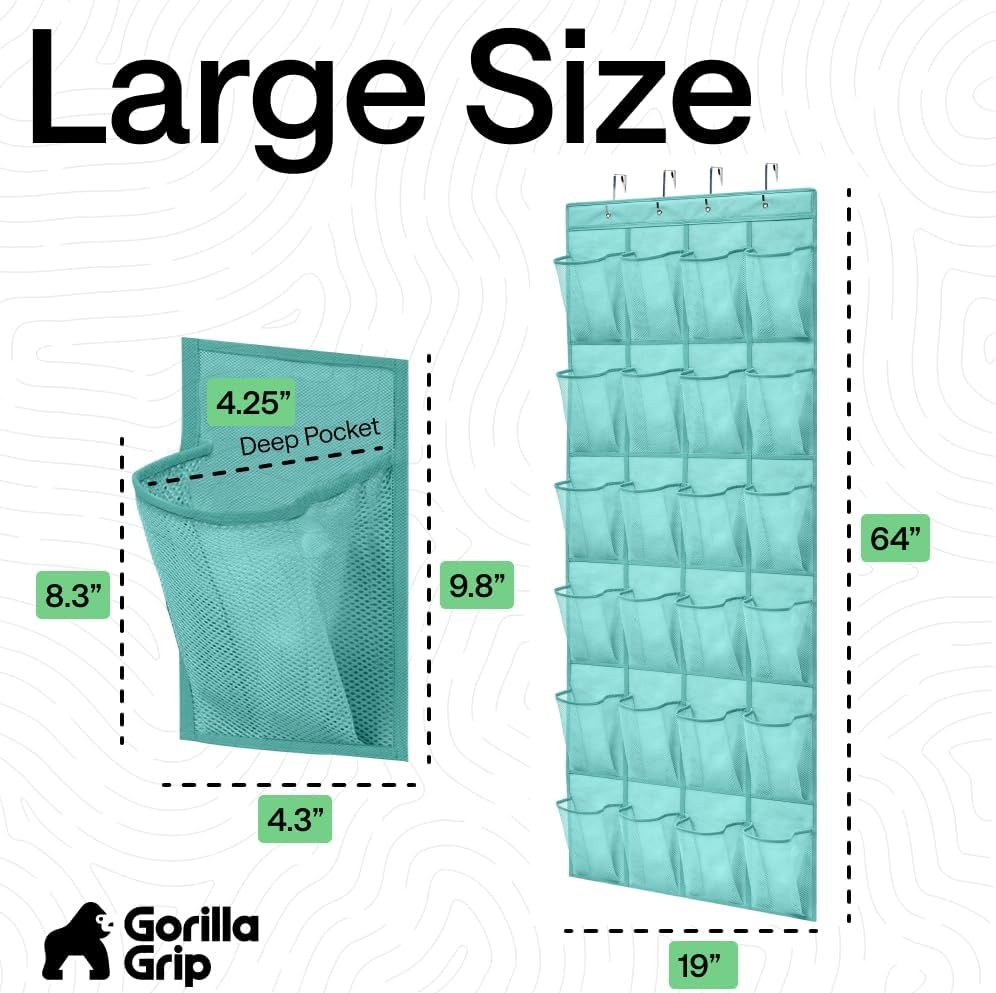image:imageGORILLA GRIP Over the Door Shoe Organizer 24 Large Breathable Mesh Pockets Space Saving Hanging Storage Holder Closet Rack Hanger Holds Up to 40 lbs Hangs on Closets for Shoes Accessories BlackTurquoise