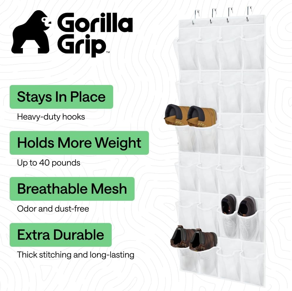 image:imageGORILLA GRIP Over the Door Shoe Organizer 24 Large Breathable Mesh Pockets Space Saving Hanging Storage Holder Closet Rack Hanger Holds Up to 40 lbs Hangs on Closets for Shoes Accessories BlackWhite