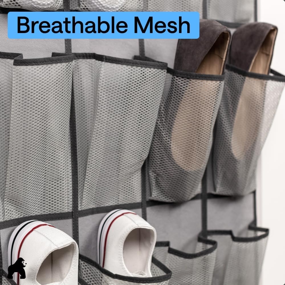 image:imageGORILLA GRIP Over the Door Shoe Organizer 24 Large Breathable Mesh Pockets Space Saving Hanging Storage Holder Closet Rack Hanger Holds Up to 40 lbs Hangs on Closets for Shoes Accessories BlackGrey