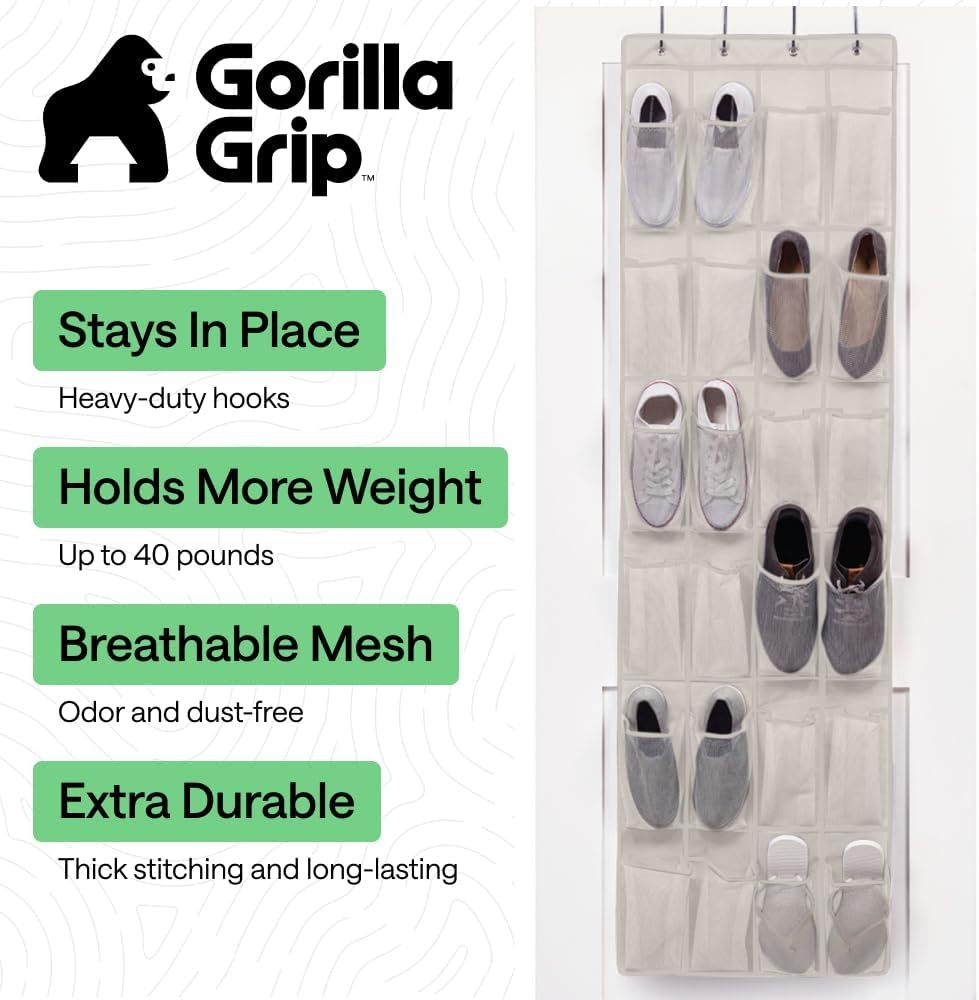 image:imageGORILLA GRIP Over the Door Shoe Organizer 24 Large Breathable Mesh Pockets Space Saving Hanging Storage Holder Closet Rack Hanger Holds Up to 40 lbs Hangs on Closets for Shoes Accessories BlackLinen