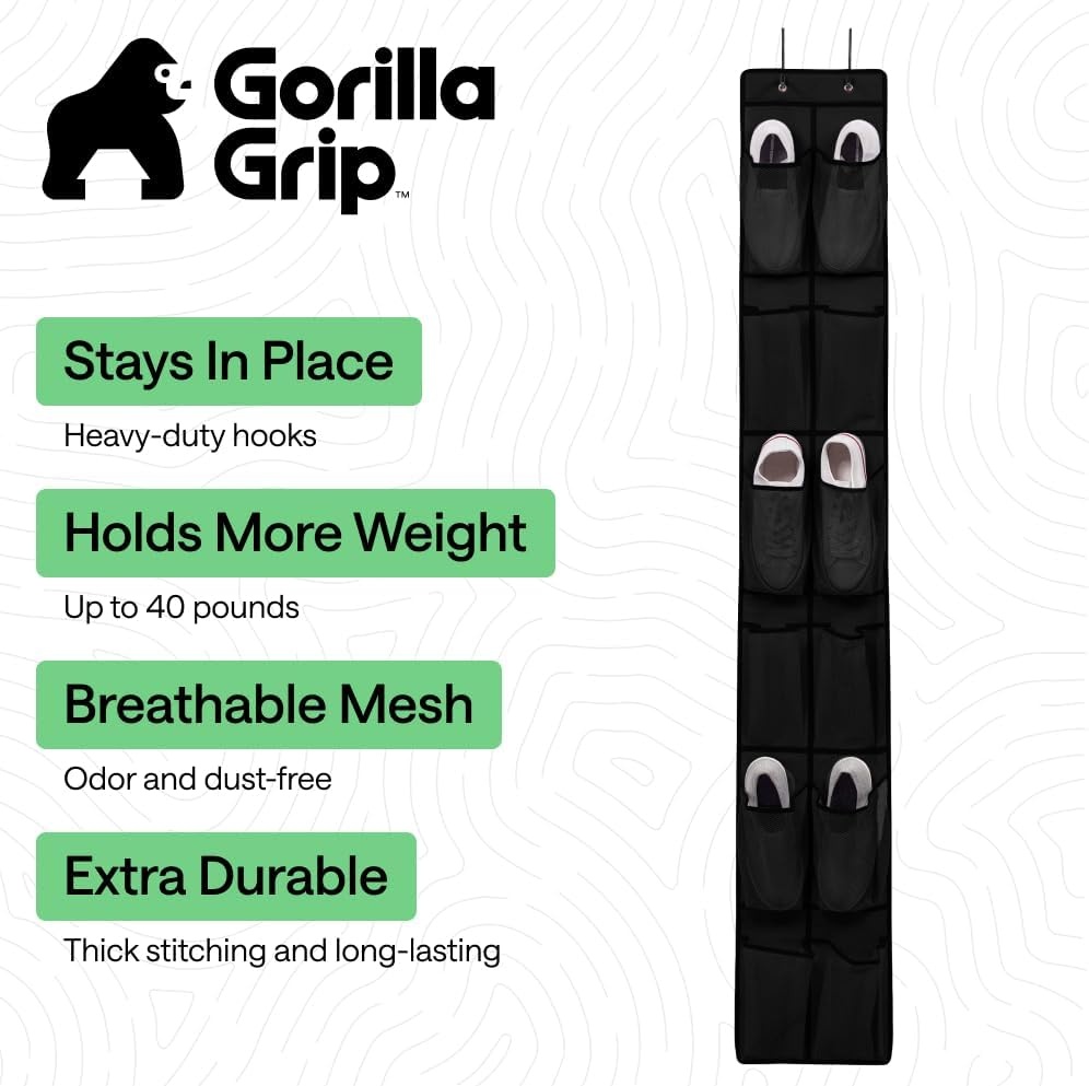 image:imageGORILLA GRIP Over the Door Shoe Organizer 24 Large Breathable Mesh Pockets Space Saving Hanging Storage Holder Closet Rack Hanger Holds Up to 40 lbs Hangs on Closets for Shoes Accessories BlackBlack