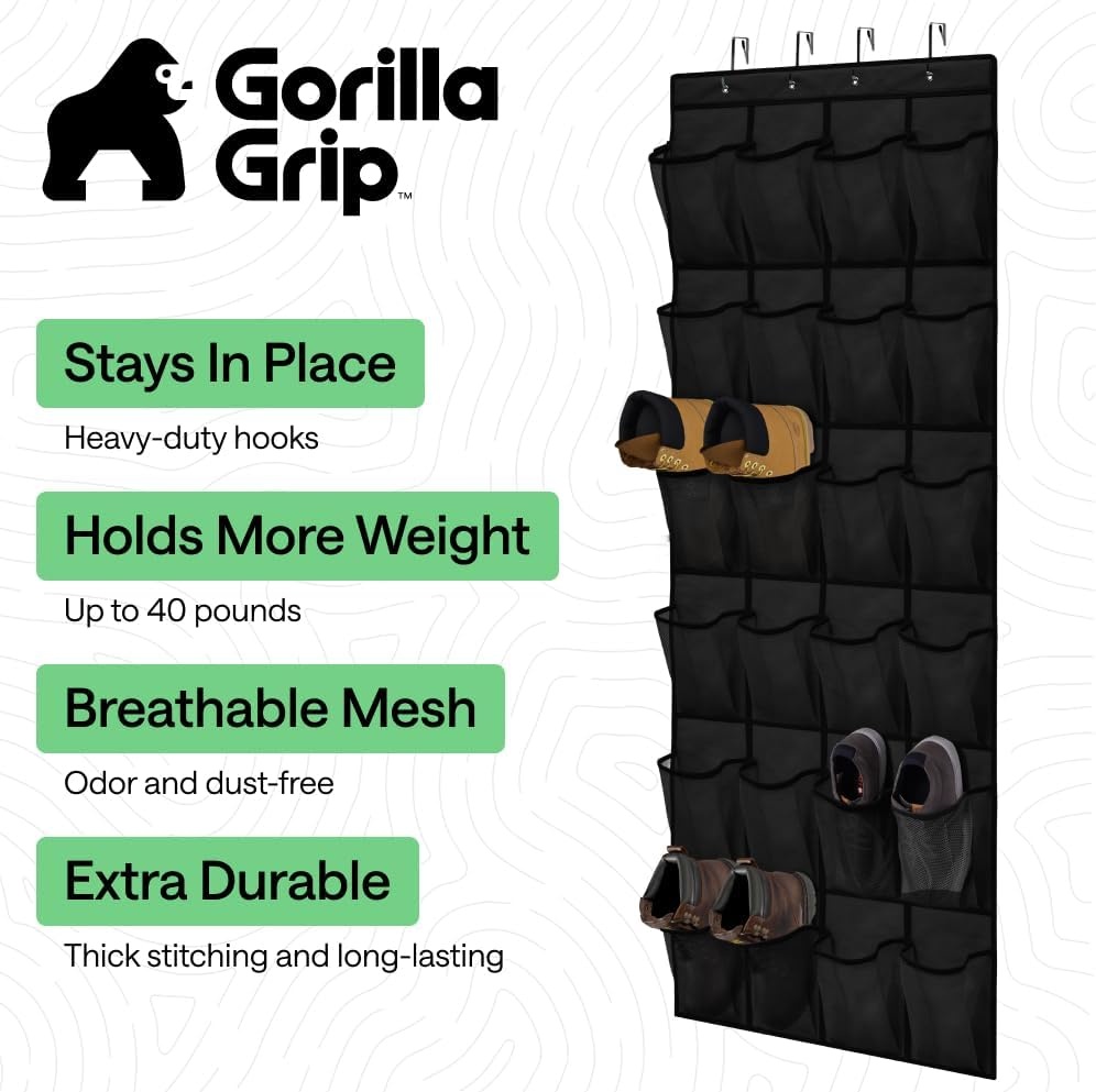 image:imageGORILLA GRIP Over the Door Shoe Organizer 24 Large Breathable Mesh Pockets Space Saving Hanging Storage Holder Closet Rack Hanger Holds Up to 40 lbs Hangs on Closets for Shoes Accessories BlackBlack