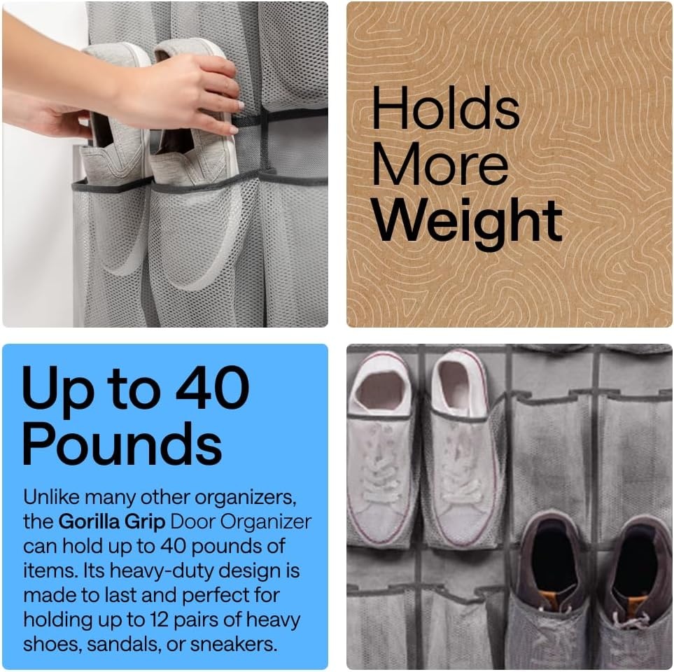 image:imageGORILLA GRIP Over the Door Shoe Organizer 24 Large Breathable Mesh Pockets Space Saving Hanging Storage Holder Closet Rack Hanger Holds Up to 40 lbs Hangs on Closets for Shoes Accessories BlackGrey