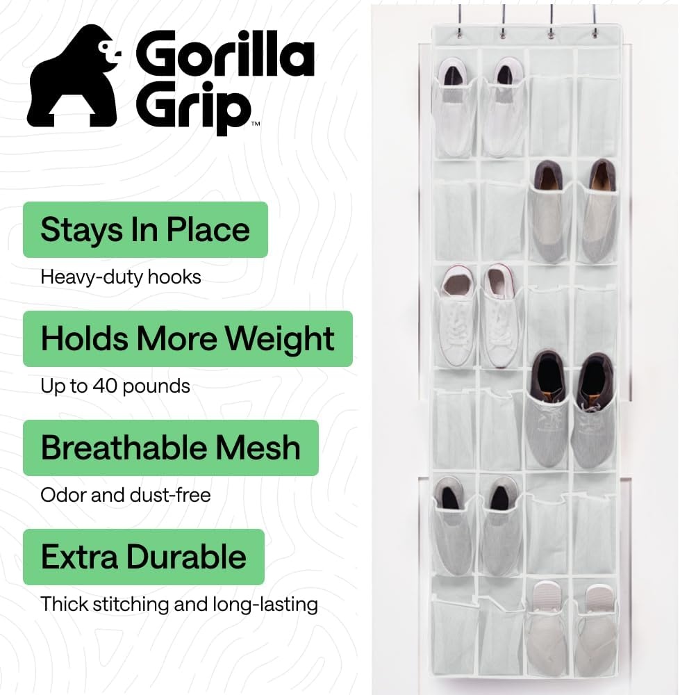 image:imageGORILLA GRIP Over the Door Shoe Organizer 24 Large Breathable Mesh Pockets Space Saving Hanging Storage Holder Closet Rack Hanger Holds Up to 40 lbs Hangs on Closets for Shoes Accessories BlackWhite