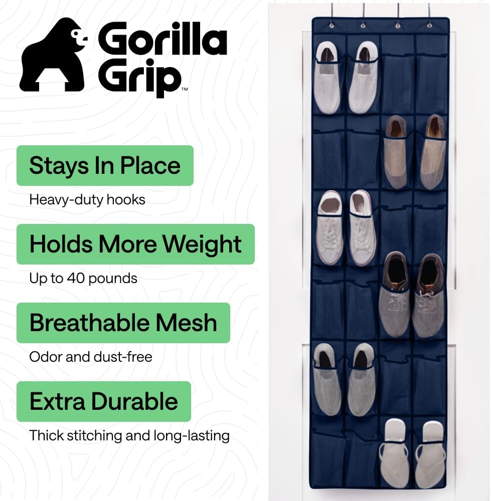 image:imageGORILLA GRIP Over the Door Shoe Organizer 24 Large Breathable Mesh Pockets Space Saving Hanging Storage Holder Closet Rack Hanger Holds Up to 40 lbs Hangs on Closets for Shoes Accessories BlackNavy