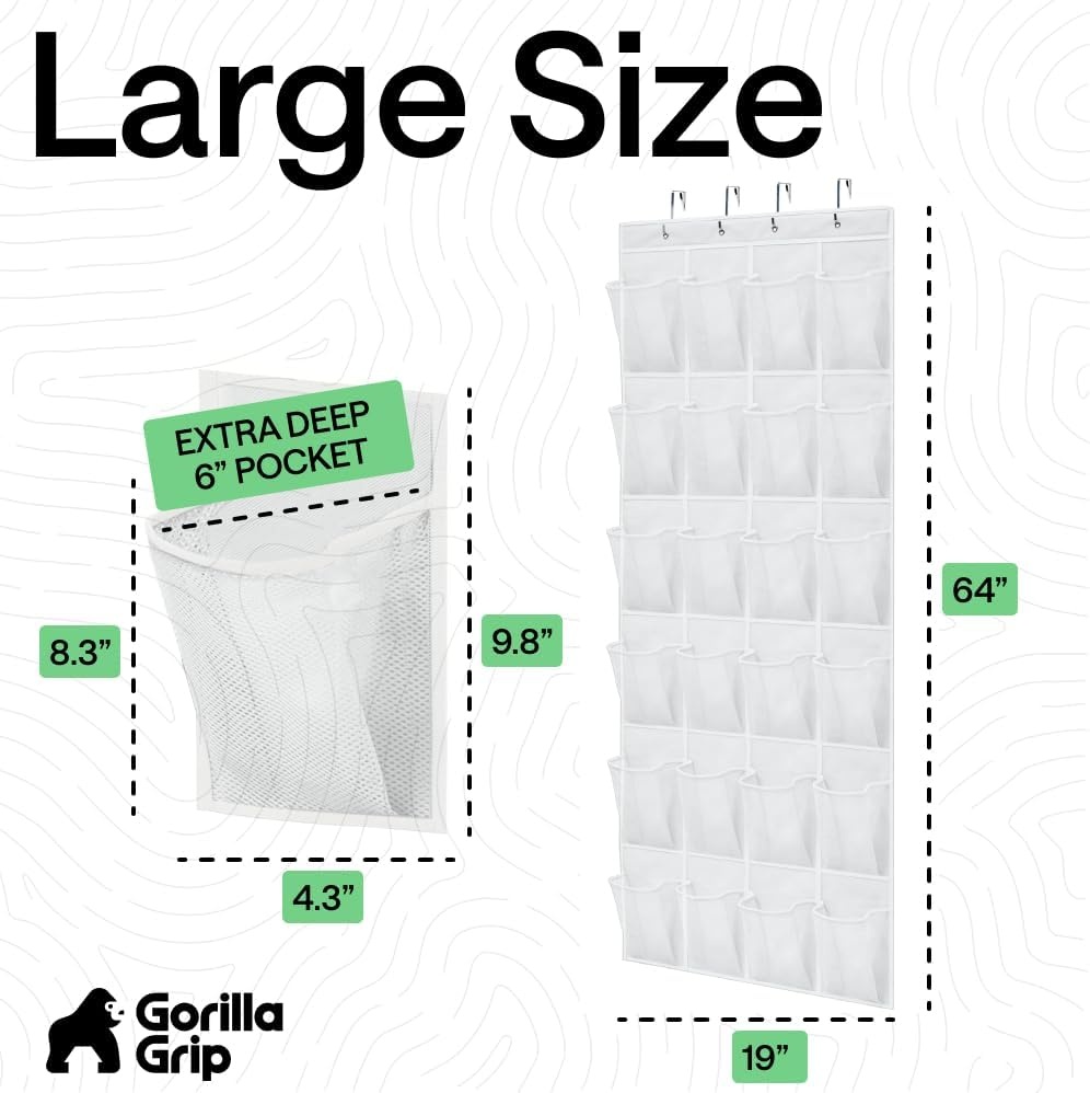 image:imageGORILLA GRIP Over the Door Shoe Organizer 24 Large Breathable Mesh Pockets Space Saving Hanging Storage Holder Closet Rack Hanger Holds Up to 40 lbs Hangs on Closets for Shoes Accessories BlackWhite