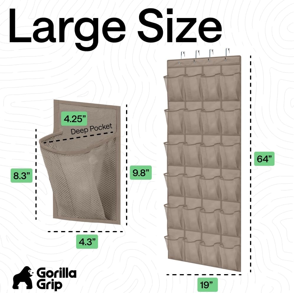 image:imageGORILLA GRIP Over the Door Shoe Organizer 24 Large Breathable Mesh Pockets Space Saving Hanging Storage Holder Closet Rack Hanger Holds Up to 40 lbs Hangs on Closets for Shoes Accessories BlackBeige