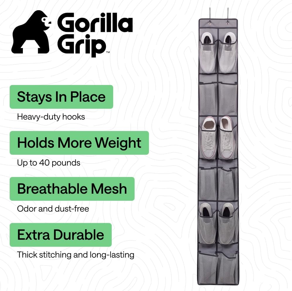 image:imageGORILLA GRIP Over the Door Shoe Organizer 24 Large Breathable Mesh Pockets Space Saving Hanging Storage Holder Closet Rack Hanger Holds Up to 40 lbs Hangs on Closets for Shoes Accessories BlackGrey