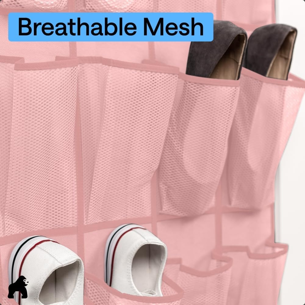 image:imageGORILLA GRIP Over the Door Shoe Organizer 24 Large Breathable Mesh Pockets Space Saving Hanging Storage Holder Closet Rack Hanger Holds Up to 40 lbs Hangs on Closets for Shoes Accessories BlackLight Pink