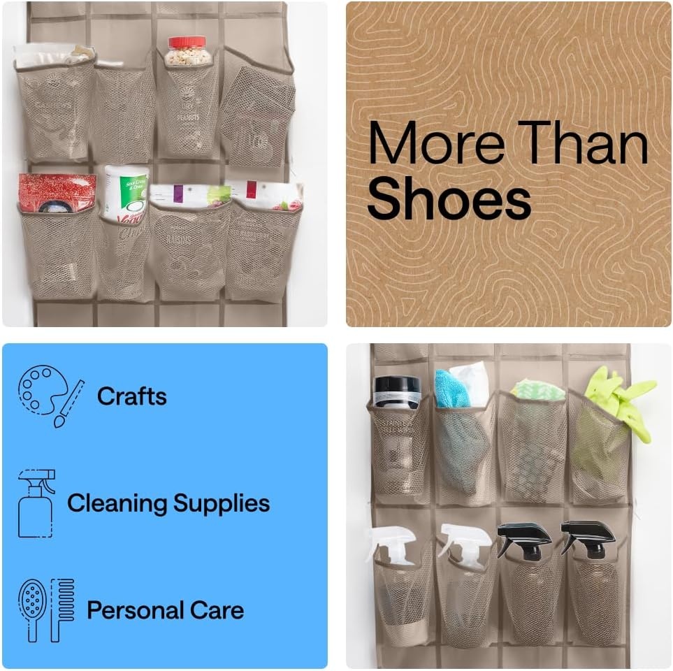 image:imageGORILLA GRIP Over the Door Shoe Organizer 24 Large Breathable Mesh Pockets Space Saving Hanging Storage Holder Closet Rack Hanger Holds Up to 40 lbs Hangs on Closets for Shoes Accessories BlackBeige