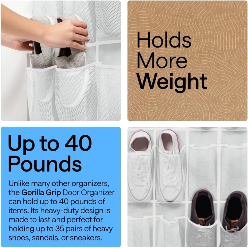 image:imageGORILLA GRIP Over the Door Shoe Organizer 24 Large Breathable Mesh Pockets Space Saving Hanging Storage Holder Closet Rack Hanger Holds Up to 40 lbs Hangs on Closets for Shoes Accessories BlackWhite