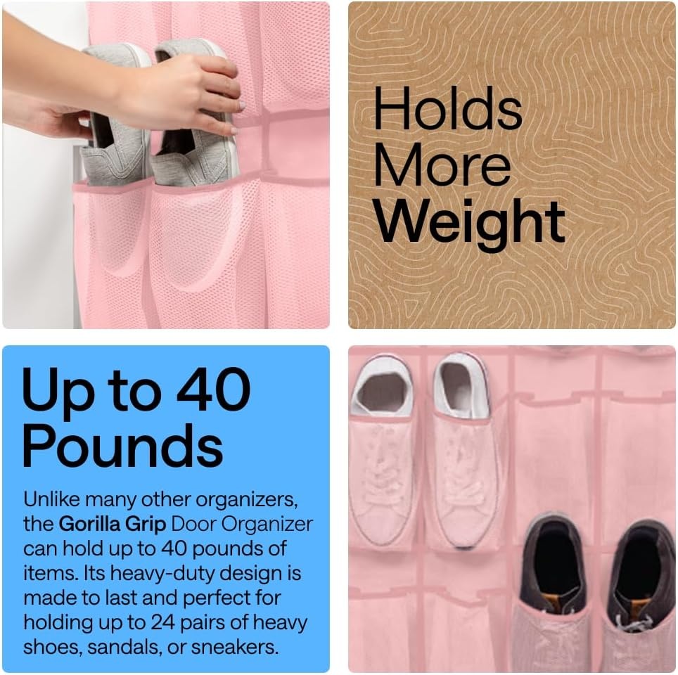 image:imageGORILLA GRIP Over the Door Shoe Organizer 24 Large Breathable Mesh Pockets Space Saving Hanging Storage Holder Closet Rack Hanger Holds Up to 40 lbs Hangs on Closets for Shoes Accessories BlackLight Pink