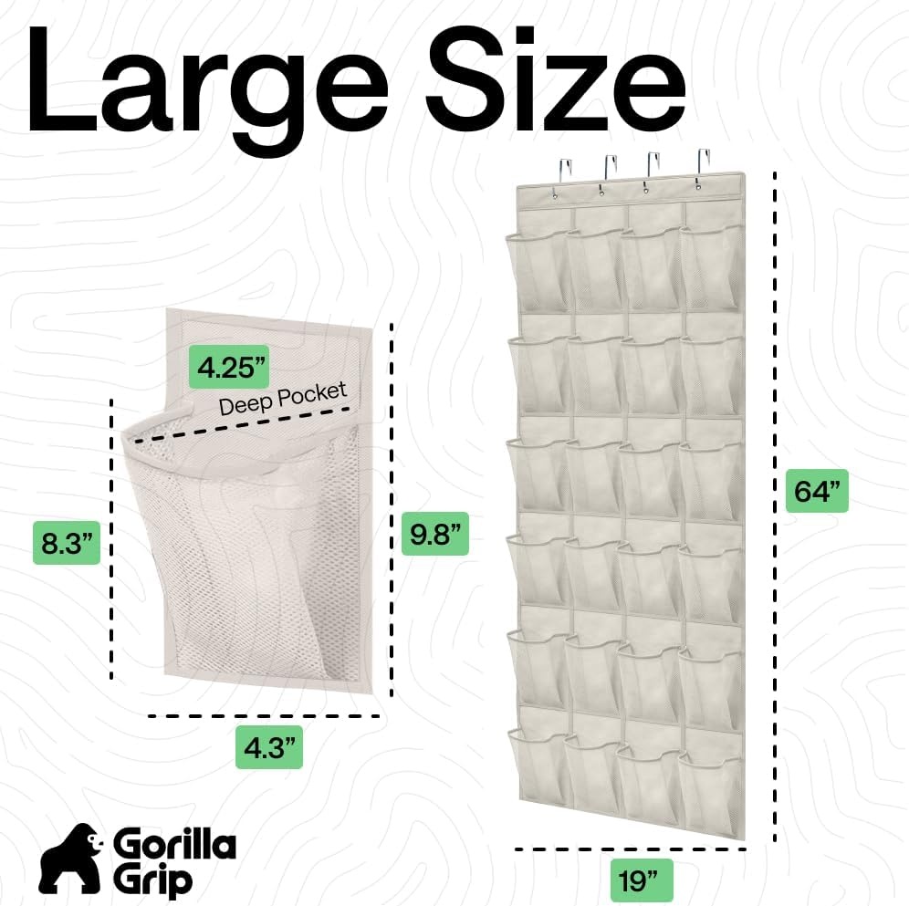 image:imageGORILLA GRIP Over the Door Shoe Organizer 24 Large Breathable Mesh Pockets Space Saving Hanging Storage Holder Closet Rack Hanger Holds Up to 40 lbs Hangs on Closets for Shoes Accessories BlackLinen