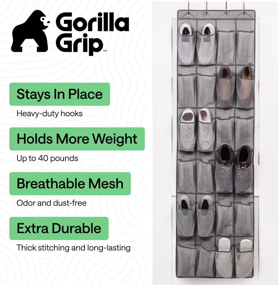 image:imageGORILLA GRIP Over the Door Shoe Organizer 24 Large Breathable Mesh Pockets Space Saving Hanging Storage Holder Closet Rack Hanger Holds Up to 40 lbs Hangs on Closets for Shoes Accessories BlackGrey