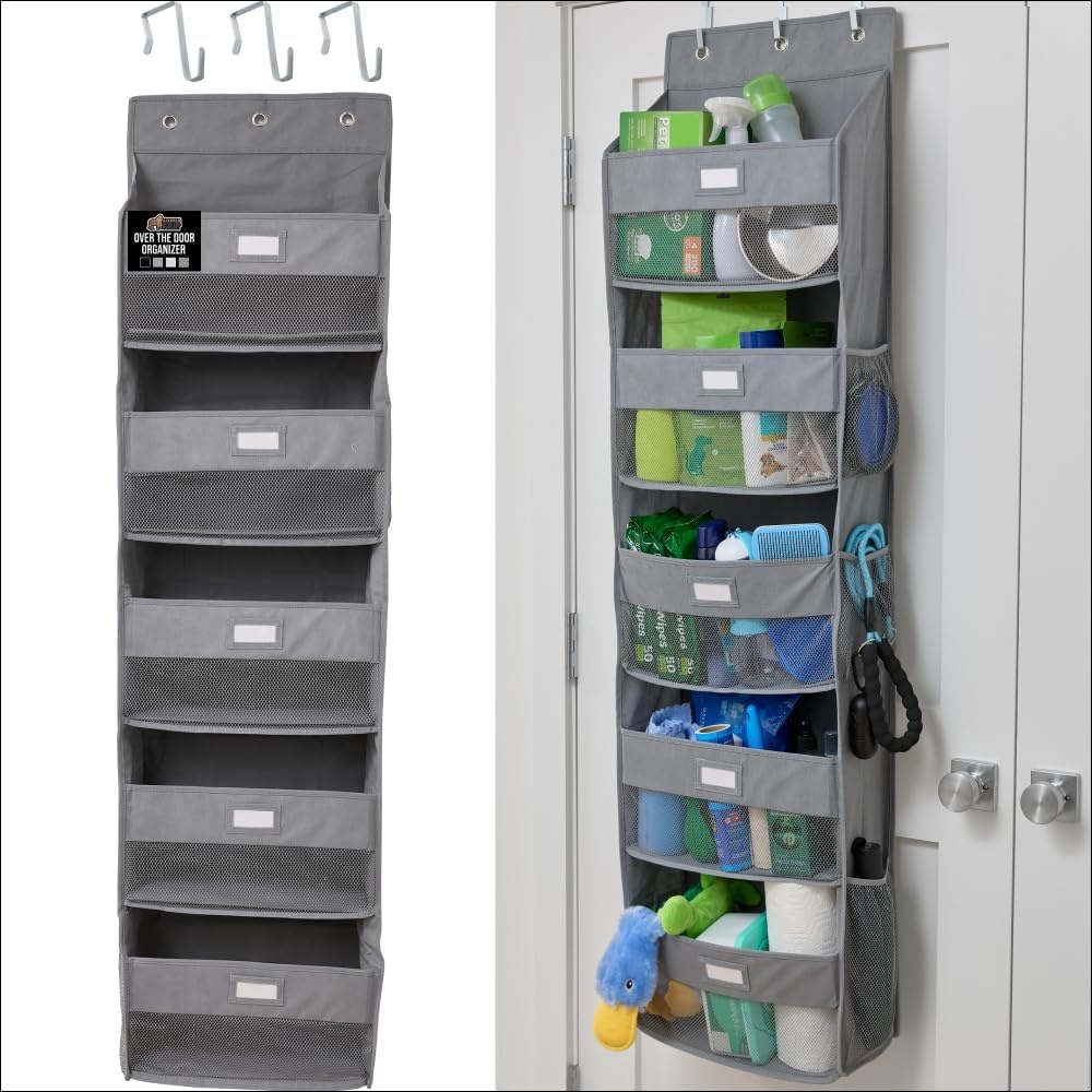 image:imageGORILLA GRIP Over the Door Shoe Organizer 24 Large Breathable Mesh Pockets Space Saving Hanging Storage Holder Closet Rack Hanger Holds Up to 40 lbs Hangs on Closets for Shoes Accessories BlackGrey