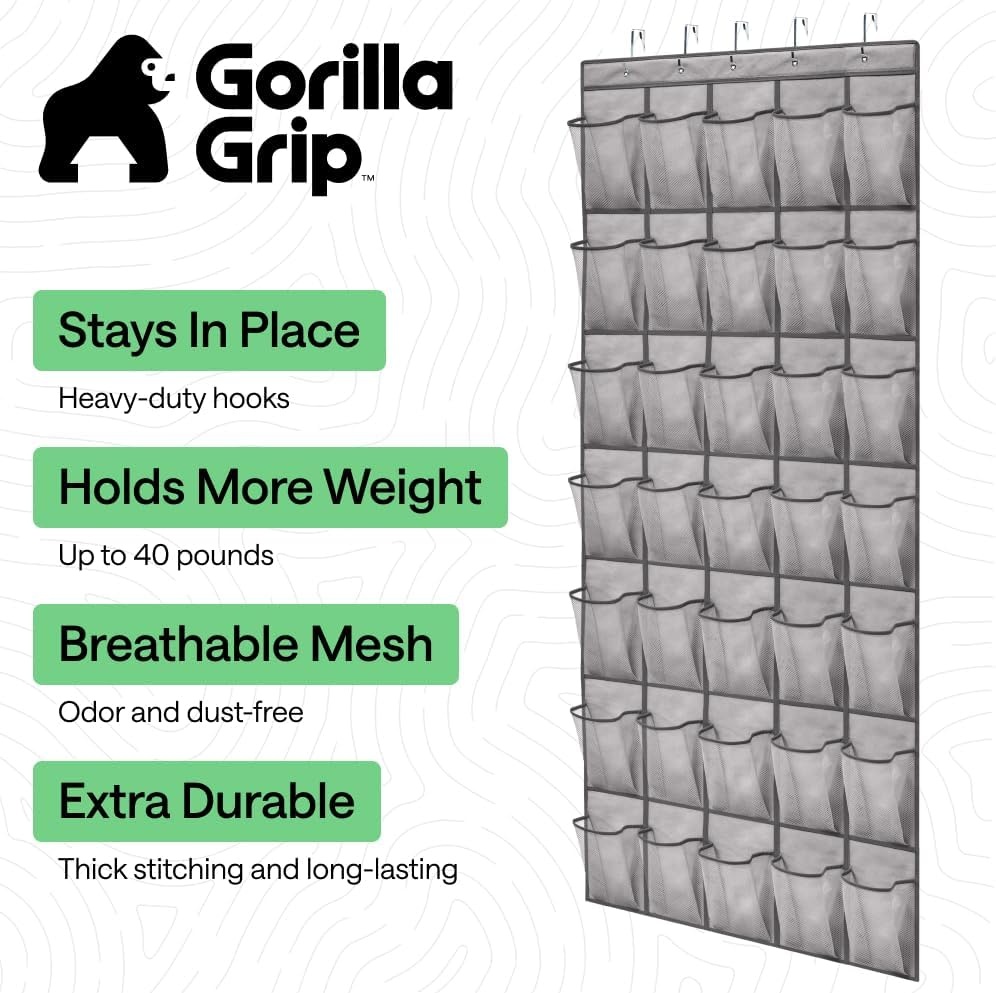 image:imageGORILLA GRIP Over the Door Shoe Organizer 24 Large Breathable Mesh Pockets Space Saving Hanging Storage Holder Closet Rack Hanger Holds Up to 40 lbs Hangs on Closets for Shoes Accessories BlackGrey