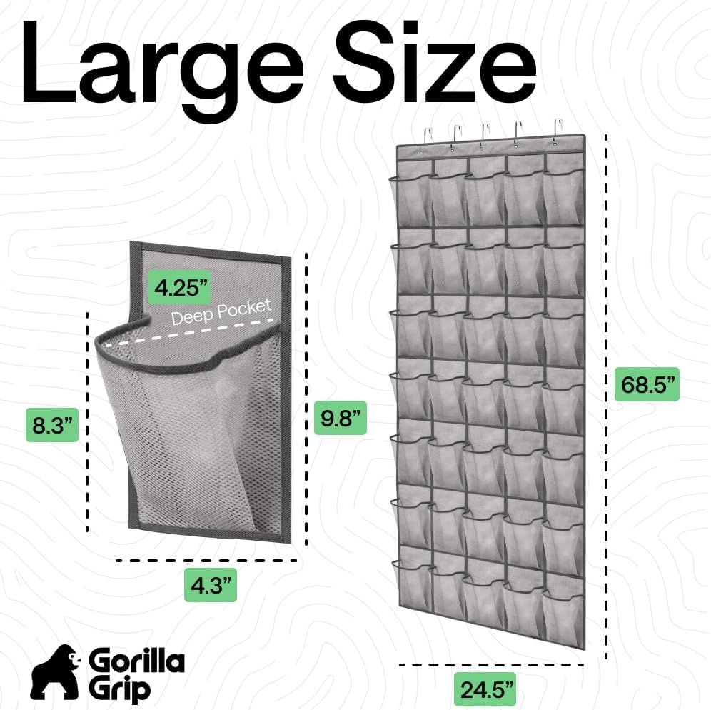 image:imageGORILLA GRIP Over the Door Shoe Organizer 24 Large Breathable Mesh Pockets Space Saving Hanging Storage Holder Closet Rack Hanger Holds Up to 40 lbs Hangs on Closets for Shoes Accessories BlackGrey