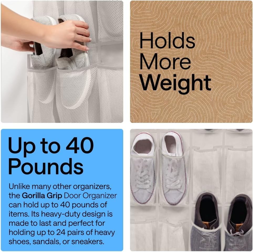 image:imageGORILLA GRIP Over the Door Shoe Organizer 24 Large Breathable Mesh Pockets Space Saving Hanging Storage Holder Closet Rack Hanger Holds Up to 40 lbs Hangs on Closets for Shoes Accessories BlackLinen