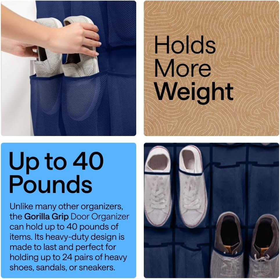 image:imageGORILLA GRIP Over the Door Shoe Organizer 24 Large Breathable Mesh Pockets Space Saving Hanging Storage Holder Closet Rack Hanger Holds Up to 40 lbs Hangs on Closets for Shoes Accessories BlackNavy