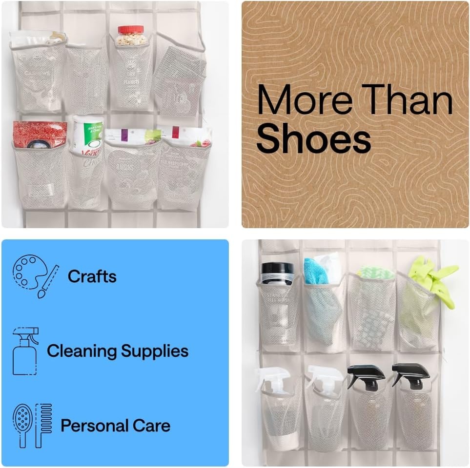 image:imageGORILLA GRIP Over the Door Shoe Organizer 24 Large Breathable Mesh Pockets Space Saving Hanging Storage Holder Closet Rack Hanger Holds Up to 40 lbs Hangs on Closets for Shoes Accessories BlackLinen