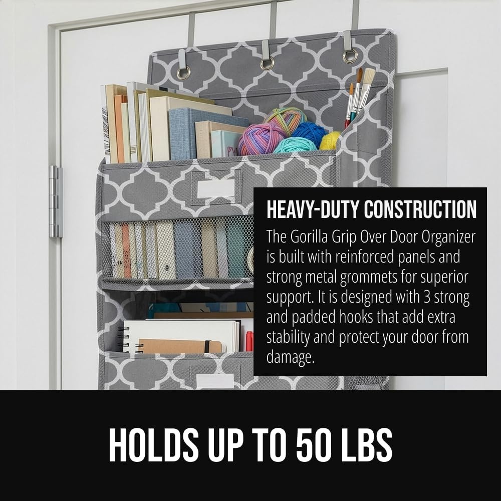 image:imageGORILLA GRIP Over the Door Shoe Organizer 24 Large Breathable Mesh Pockets Space Saving Hanging Storage Holder Closet Rack Hanger Holds Up to 40 lbs Hangs on Closets for Shoes Accessories BlackGray Quatrefoil