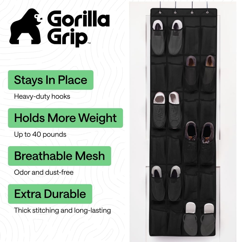 image:imageGORILLA GRIP Over the Door Shoe Organizer 24 Large Breathable Mesh Pockets Space Saving Hanging Storage Holder Closet Rack Hanger Holds Up to 40 lbs Hangs on Closets for Shoes Accessories BlackBlack