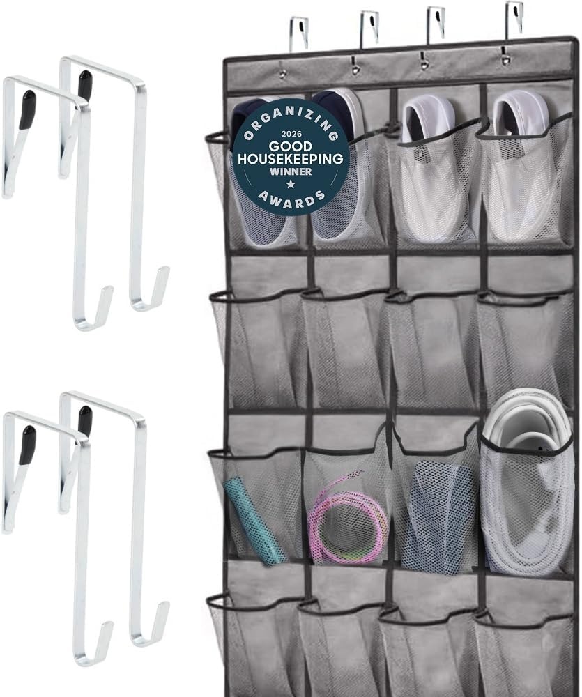 image:imageGORILLA GRIP Over the Door Shoe Organizer 24 Large Breathable Mesh Pockets Space Saving Hanging Storage Holder Closet Rack Hanger Holds Up to 40 lbs Hangs on Closets for Shoes Accessories BlackGrey