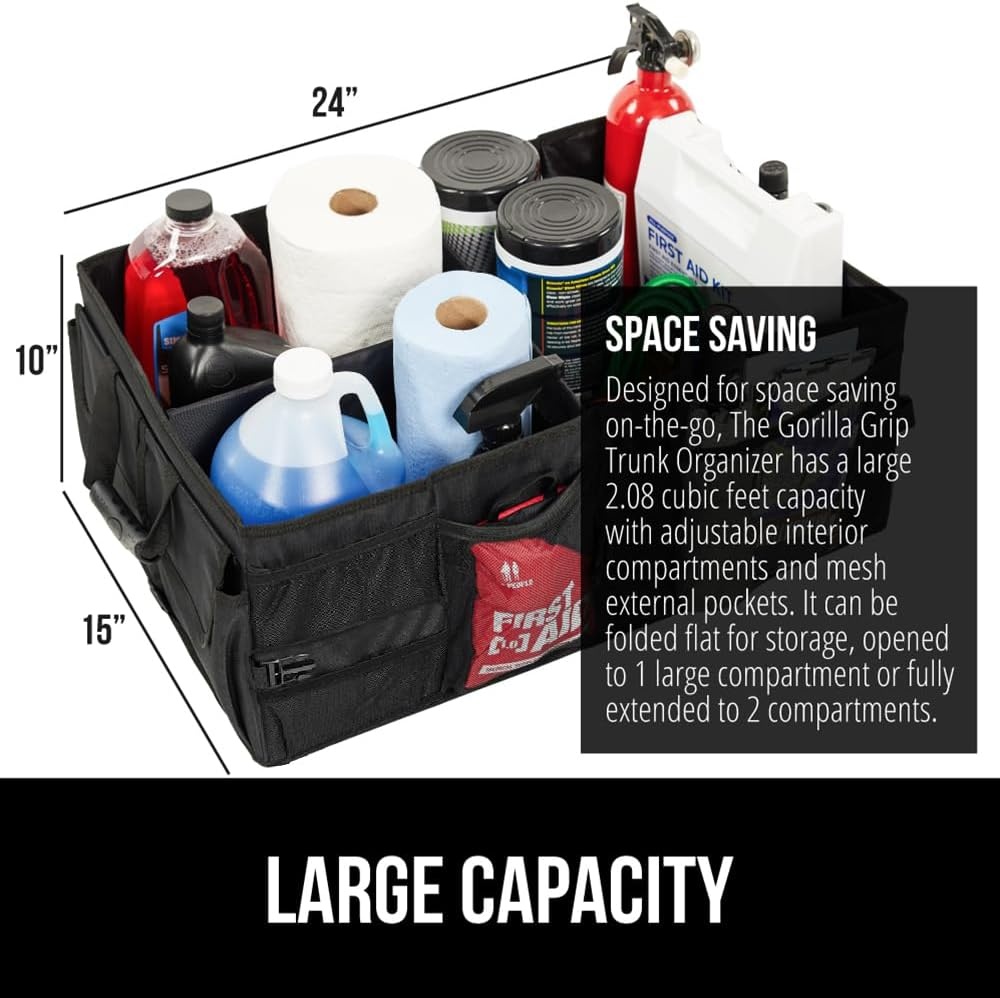 image:imageGORILLA GRIP Trunk Organizer for SUV and Cars Large Capacity Collapsible Car Trunk Storage Organizer Heavy Duty Car Accessories Gifts for Mom and Dad Slip amp Water Resistant Multi Compartment BlackBlack