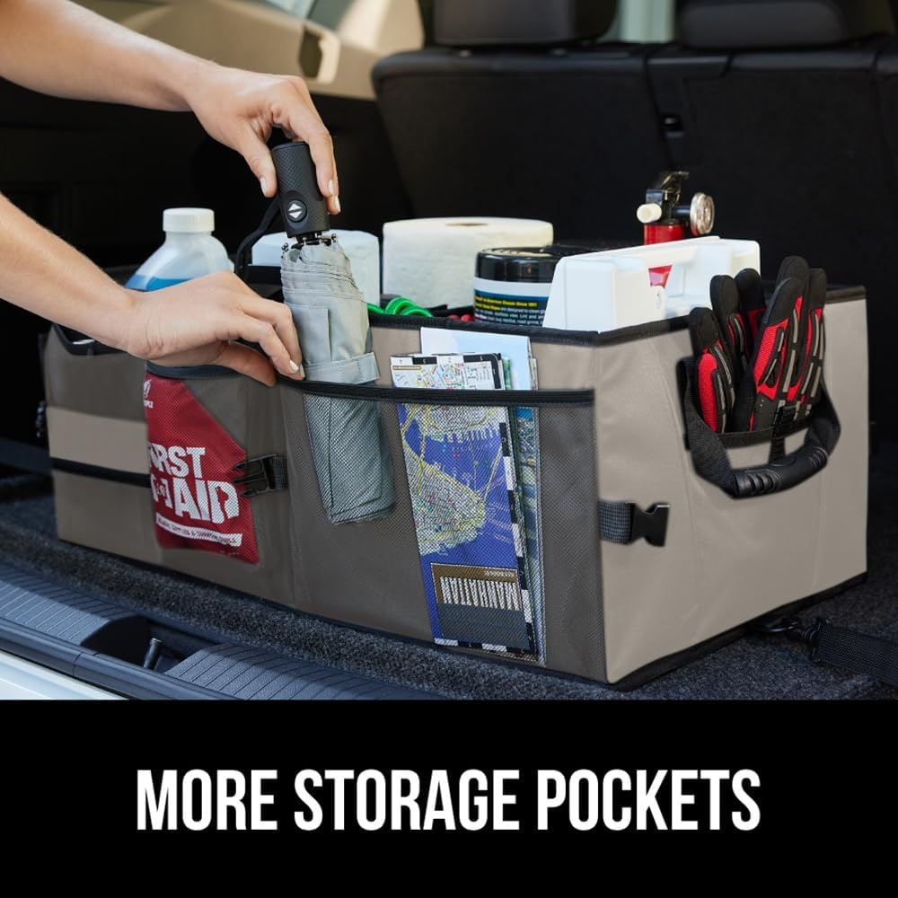 image:imageGORILLA GRIP Trunk Organizer for SUV and Cars Large Capacity Collapsible Car Trunk Storage Organizer Heavy Duty Car Accessories Gifts for Mom and Dad Slip amp Water Resistant Multi Compartment BlackBeige