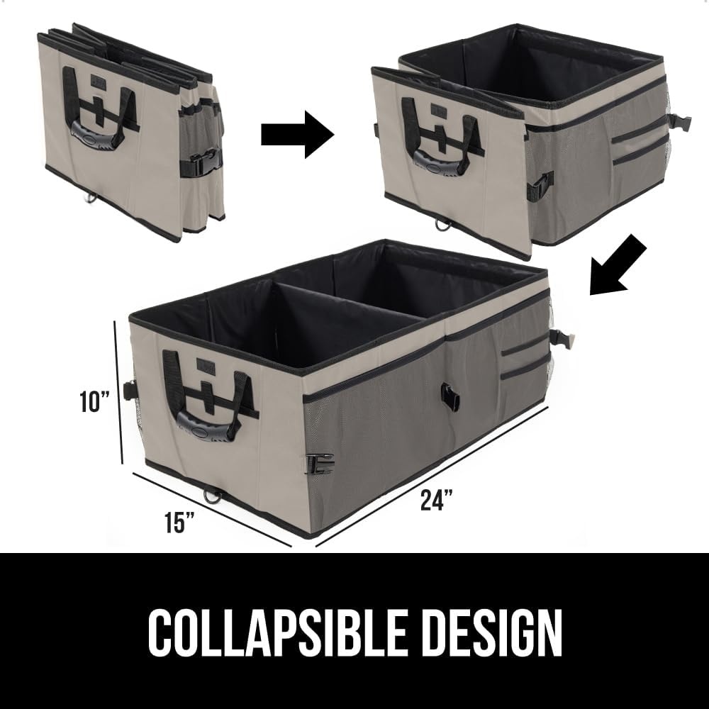 image:imageGORILLA GRIP Trunk Organizer for SUV and Cars Large Capacity Collapsible Car Trunk Storage Organizer Heavy Duty Car Accessories Gifts for Mom and Dad Slip amp Water Resistant Multi Compartment BlackBeige