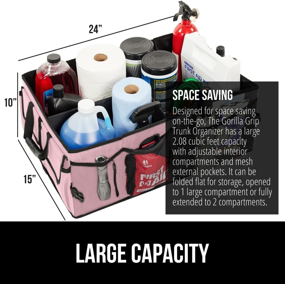 image:imageGORILLA GRIP Trunk Organizer for SUV and Cars Large Capacity Collapsible Car Trunk Storage Organizer Heavy Duty Car Accessories Gifts for Mom and Dad Slip amp Water Resistant Multi Compartment BlackPink