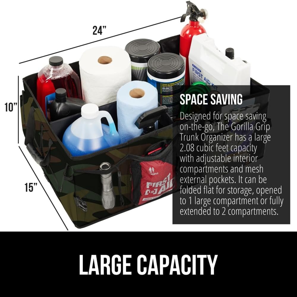 image:imageGORILLA GRIP Trunk Organizer for SUV and Cars Large Capacity Collapsible Car Trunk Storage Organizer Heavy Duty Car Accessories Gifts for Mom and Dad Slip amp Water Resistant Multi Compartment BlackCamo