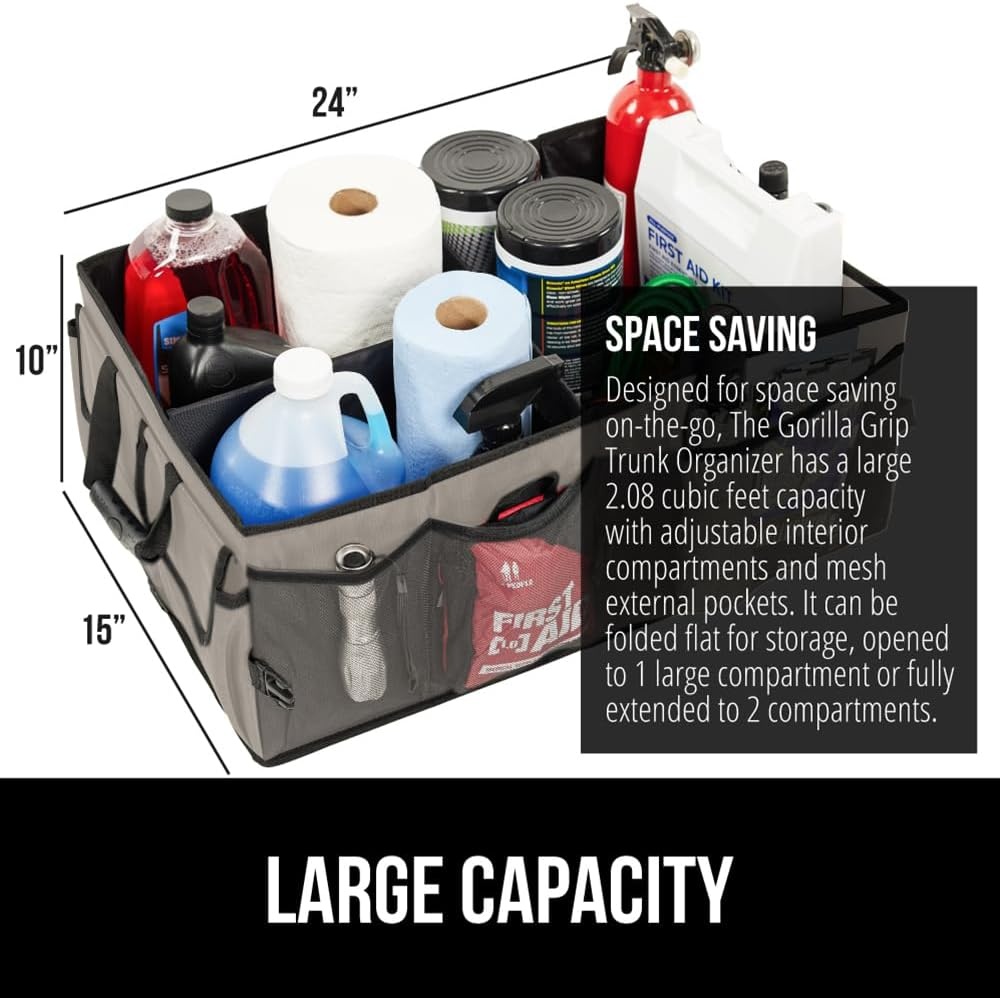 image:imageGORILLA GRIP Trunk Organizer for SUV and Cars Large Capacity Collapsible Car Trunk Storage Organizer Heavy Duty Car Accessories Gifts for Mom and Dad Slip amp Water Resistant Multi Compartment BlackBeige