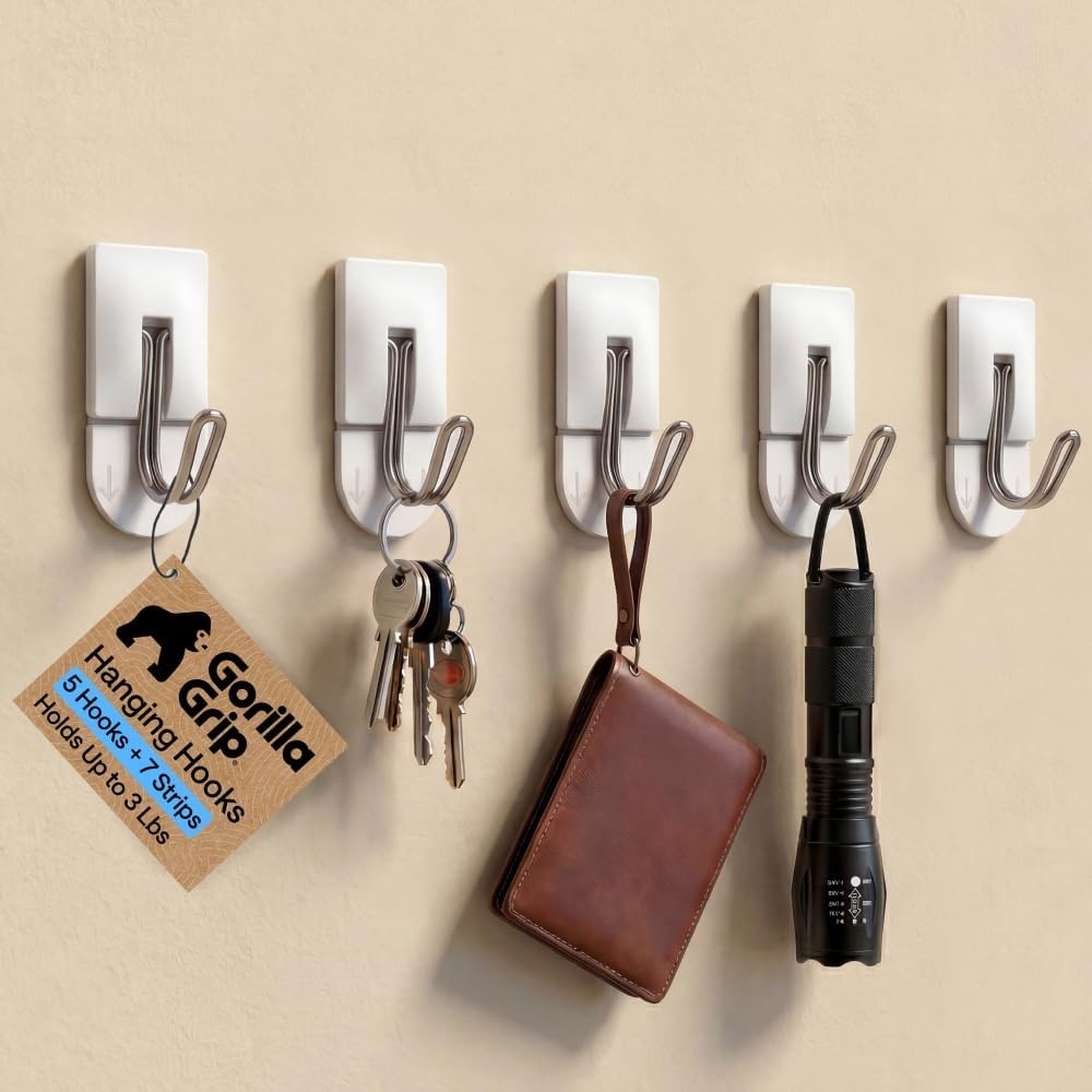 image:imageGORILLA GRIP Adhesive Hooks for Hanging Heavy Duty Self Adhesive Wall Hooks DamageFree Removable Metal Hook No Tools Required Wall Hanger for Kitchen Bathroom Towel Coat Keys Purse 5 PackWhite